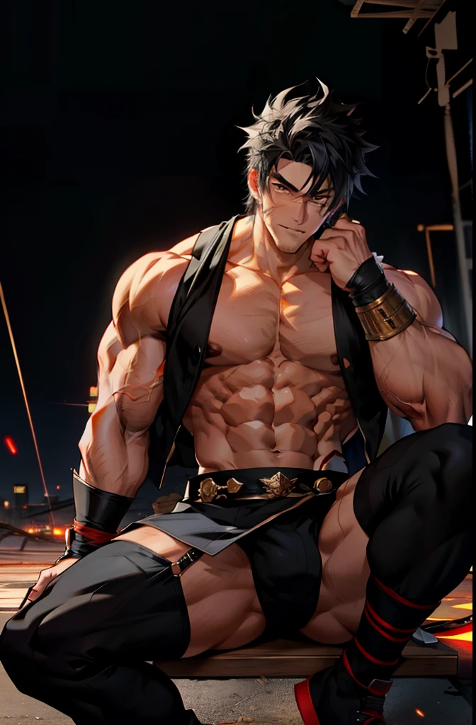 male, anime guy, ripped, jacked, muscular, red eyes, ,glowing aura, natural light, masterpiece, glossy skin, cute, kawaii, reaching up, adult, cuddle, kawaii clothes, random hair style, random clothes, black hair, yellow eyes, ((black hair)), random pose, random background, random action, sexy, hot, nipple slip, full body, random expression, muscular body, abs, big genitals, nsfw, Highest image quality,male people,1 guy,Young and handsome,anime,anime wallpaper,Solo,malefociefs,Dilation of the pectoral muscleulging crotch, background,spread their legs,Sexy,(Masterpiece, Best quality,Black stockings with garters),CG sense,Dark atmosphere,8K,Cinematic lighting effects,Correct anatomy
