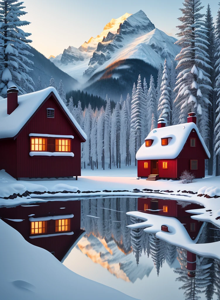 In a snow mountain village,A small house nestled between distant mountains and mountains。White snowflakes dance lightly,Falling gently among the trees,It adds a soft and hazy feeling to the whole picture。The cyan house and red windows stand out against the white background,They convey a little warmth to the world。The distant peaks blend into the blue sky,Form a harmonious and beautiful picture,Let people feel the magic and charm of nature,warm color palette,Ultra-clear photography photos,� ,Calm,dispassionate