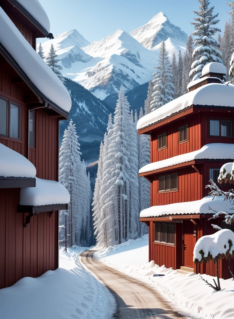 In a snow mountain village，A small house nestled between distant mountains and mountains。White snowflakes dance lightly，Falling gently among the trees，It adds a soft and hazy feeling to the whole picture。The cyan house and red windows stand out against the white background，They convey a little warmth to the world。The distant peaks blend into the blue sky，Form a harmonious and beautiful picture，Let people feel the magic and charm of nature，warm color palette，Ultra-clear photography photos，� ，Calm，dispassionate