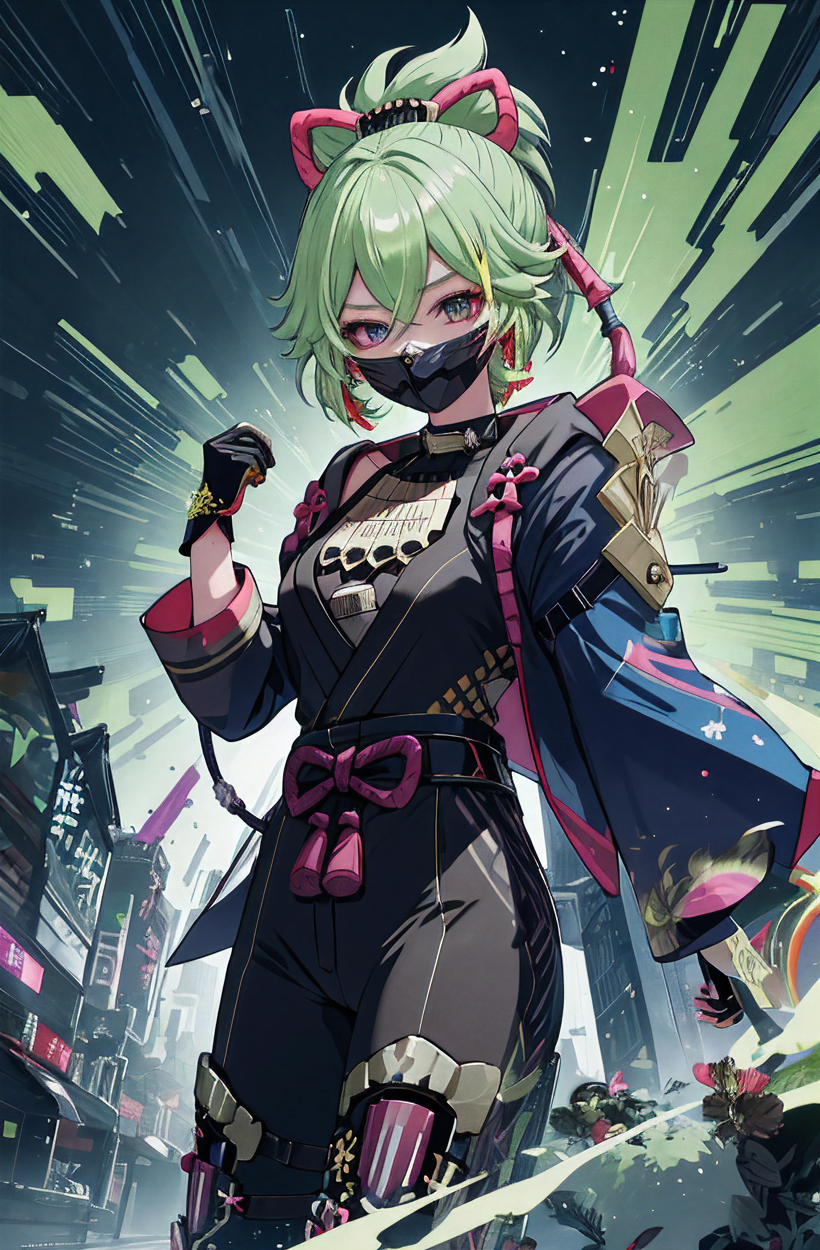 genshin impact, kuki shinobu, (cyberpunked),Optical camouflage、VR Goggles、Neon light、City of the Future、Jumpsuit、(kuki shinobu in, Solo:1.6), (metallic face mask), (Clothes are ), (Best Impact:1.5), (maximalism:1.7), Vivid contrast, (Realistic), hyperrealistic illustrations, hight resolution, ultra-detailliert, absurdereractal Art:1.3)、green hair color colorful、FULL BODYSHOT、Retro、Precise focus、randome pose、cinema4d、Drama