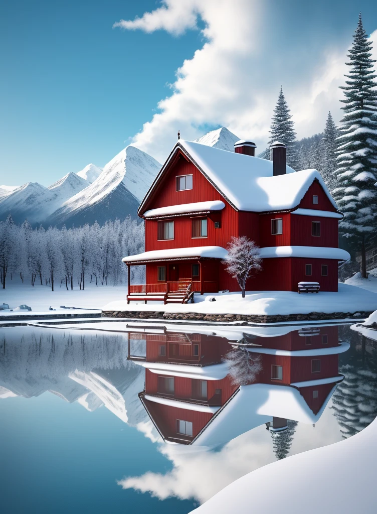 In a snow mountain village,A small house nestled between distant mountains and mountains。White snowflakes dance lightly,Falling gently among the trees,It adds a soft and hazy feeling to the whole picture。The cyan house and red windows stand out against the white background,They convey a little warmth to the world。The distant peaks blend into the blue sky,Form a harmonious and beautiful picture,Let people feel the magic and charm of nature,warm color palette,Ultra-clear photography photos,� ,Calm,dispassionate
