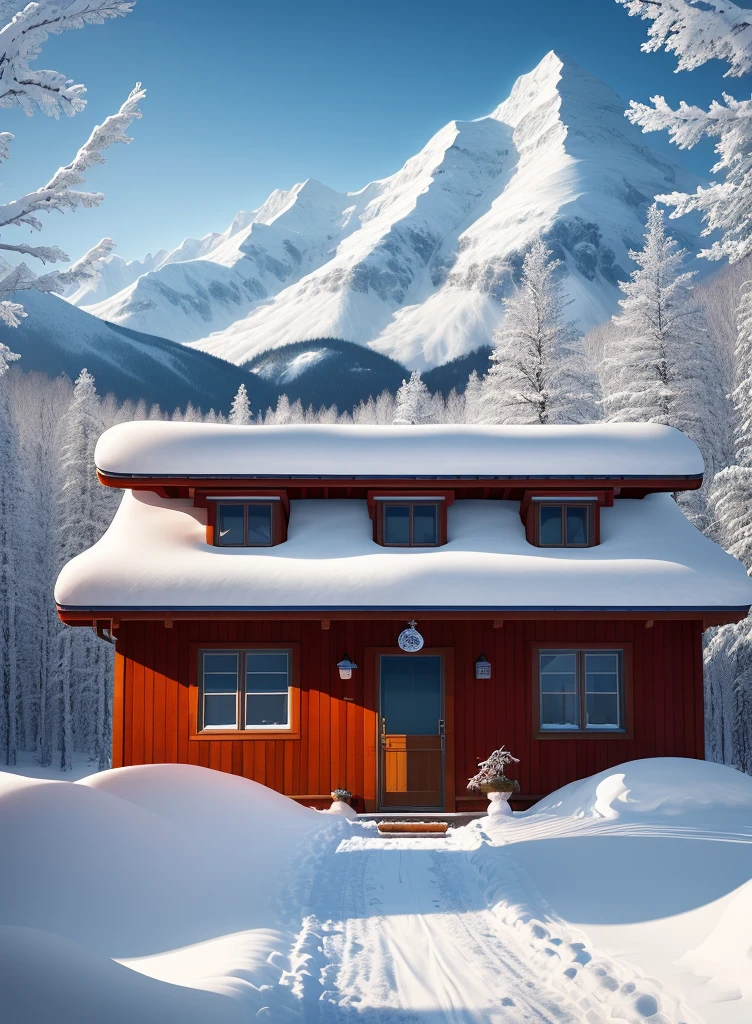 In a snow mountain village,A small house nestled between distant mountains and mountains。White snowflakes dance lightly,Falling gently among the trees,It adds a soft and hazy feeling to the whole picture。The cyan house and red windows stand out against the white background,They convey a little warmth to the world。The distant peaks blend into the blue sky,Form a harmonious and beautiful picture,Let people feel the magic and charm of nature,warm color palette,Ultra-clear photography photos,� ,Calm,dispassionate