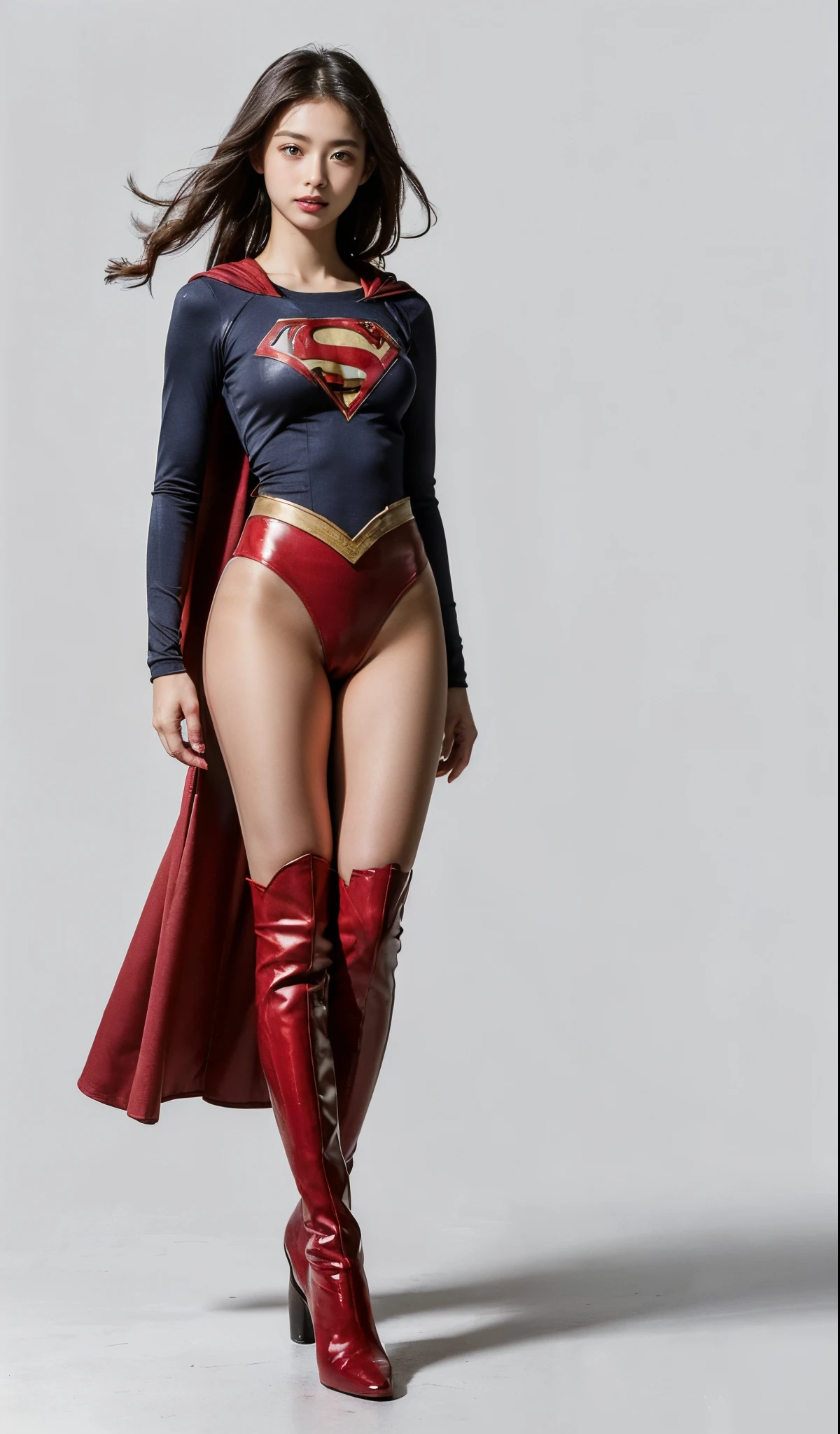 (((Wear black tights on your beautiful legs.)))、(((Grow legs、tall、Legally express the beauty of your smile)))、((((Make the most of the original image)))、(((Supergirl Costume)))、(((beautiful hairl)))、(((Suffering)))、(((Feet must necessarily be worn with black tights)))、(((You need to wear red boots)))、((Top image quality、8K))、((top-quality、8K、​masterpiece:1.3))、(((Keep Background )))、Crisp focus:1.2、Beautiful woman with perfect body shape:1.4、Slender Abs:1.2、a wet body:1.5、Highly detailed facial and skin texture、8K