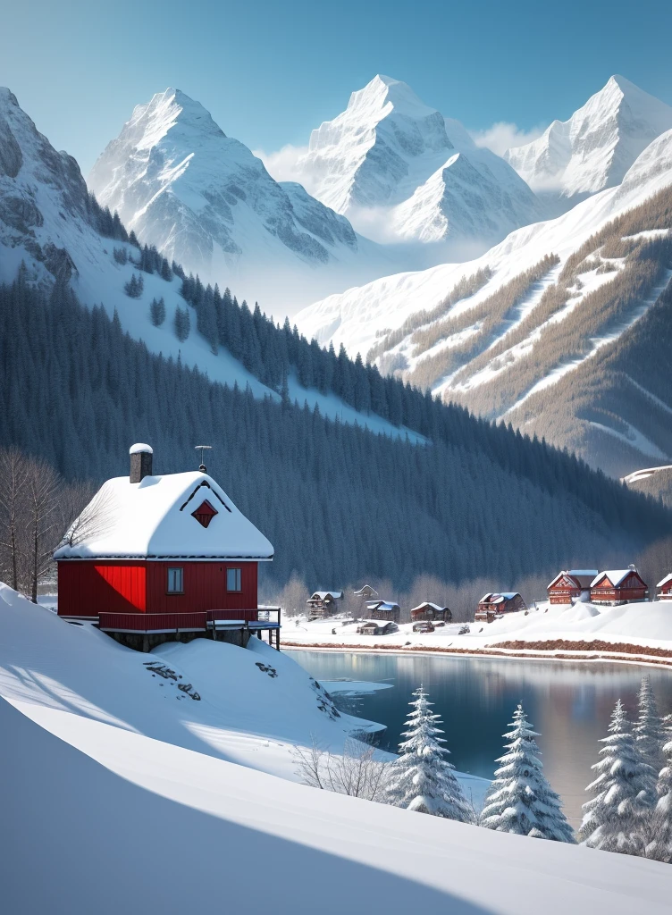 In a snow mountain village，A small house nestled between distant mountains and mountains。White snowflakes dance lightly，Falling gently among the trees，It adds a soft and hazy feeling to the whole picture。The cyan house and red windows stand out against the white background，They convey a little warmth to the world。The distant peaks blend into the blue sky，Form a harmonious and beautiful picture，Let people feel the magic and charm of nature，warm color palette，Ultra-clear photography photos，� ，Calm，dispassionate