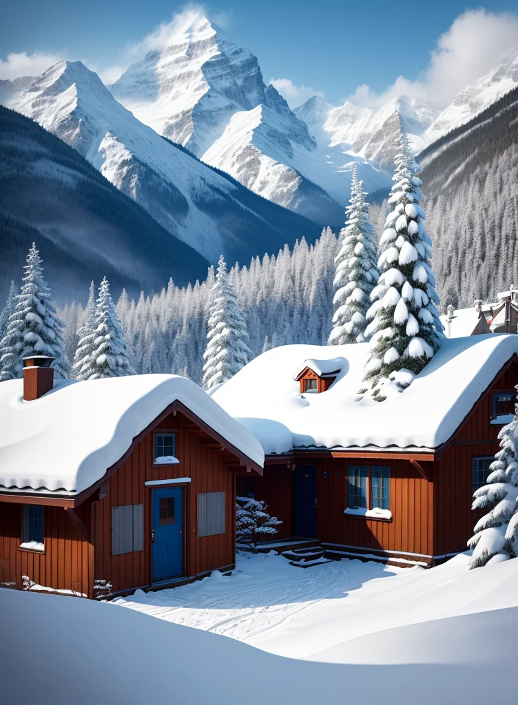 In a snow mountain village,A small house nestled between distant mountains and mountains。White snowflakes dance lightly,Falling gently among the trees,It adds a soft and hazy feeling to the whole picture。The cyan house and red windows stand out against the white background,They convey a little warmth to the world。The distant peaks blend into the blue sky,Form a harmonious and beautiful picture,Let people feel the magic and charm of nature,warm color palette,Ultra-clear photography photos,� ,Calm,dispassionate