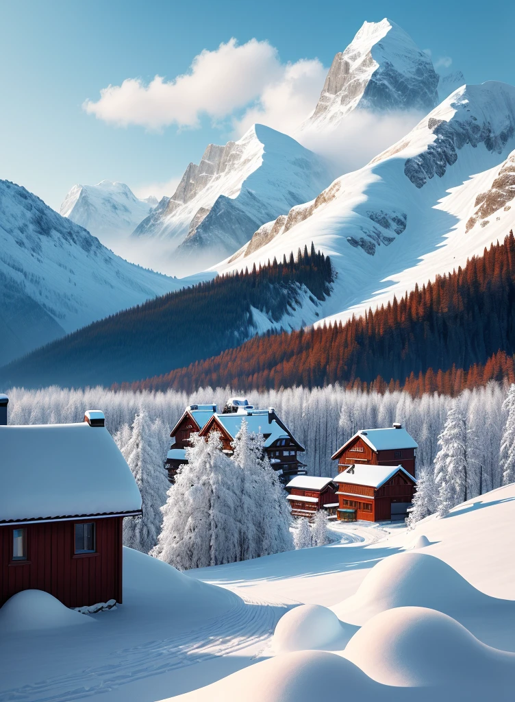 In a snow mountain village，A small house nestled between distant mountains and mountains。White snowflakes dance gently，Falling gently among the trees，It adds a soft and hazy feeling to the whole picture。The cyan house and red windows stand out against the white background，They convey a little warmth to the world。The distant peaks blend into the blue sky，Form a harmonious and beautiful picture，Let people feel the magic and charm of nature，warm color palette，Ultra-clear photography photos，� ，dispassionate，chill out