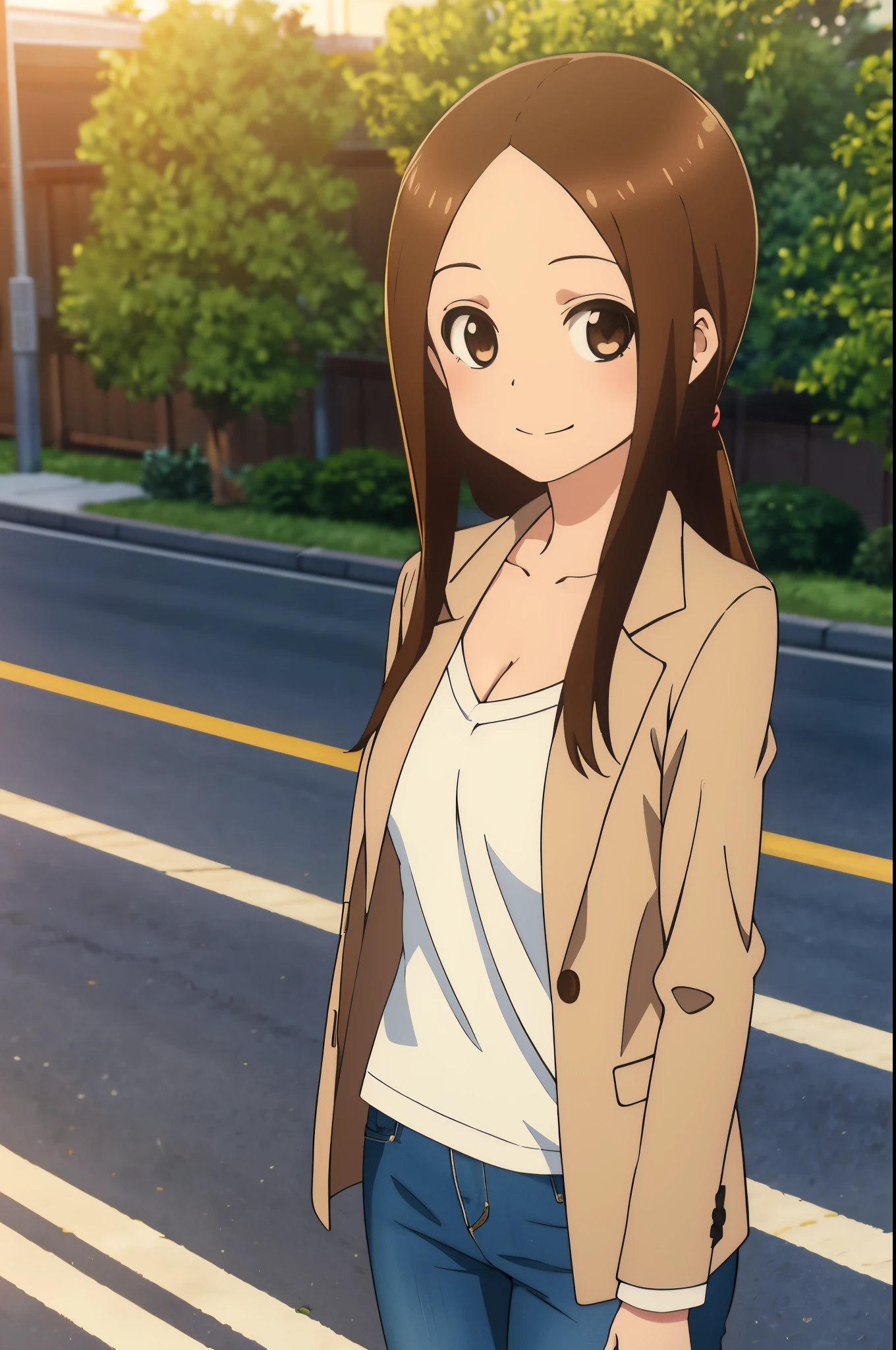 (Realistic), (Photorealistic), Takagi_San, Long hair, Low ponytail, ((white  shirt)), Brown hair, Part bangs, Brown eyes, large full breasts, cleavage of the breast, White shirt, Denim jeans, cream long coat, (Red muffler:1.1), Forehead, Smile, Looking at Viewer, masutepiece, Best Quality, (Colorful), volumatic light, Ray tracing, the Extremely Detailed CG Unity 8K Wallpapers, Smile, (looking at the viewers), Sunny, A road bathed in bright sunlight, learning forward, Holding hands with a child, 25-years old