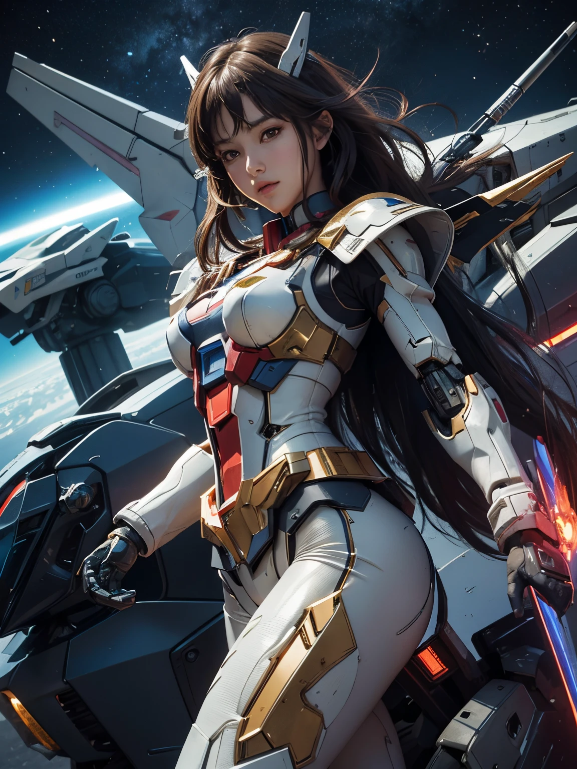 Textured skin, Super Detail, high details, High quality, Best Quality, hight resolution, 1080p, Gorgeous beauty,Girl with Beautiful Mecha Body,(Gundam) ,Girl with robot body,low angles,Fulll body Shot