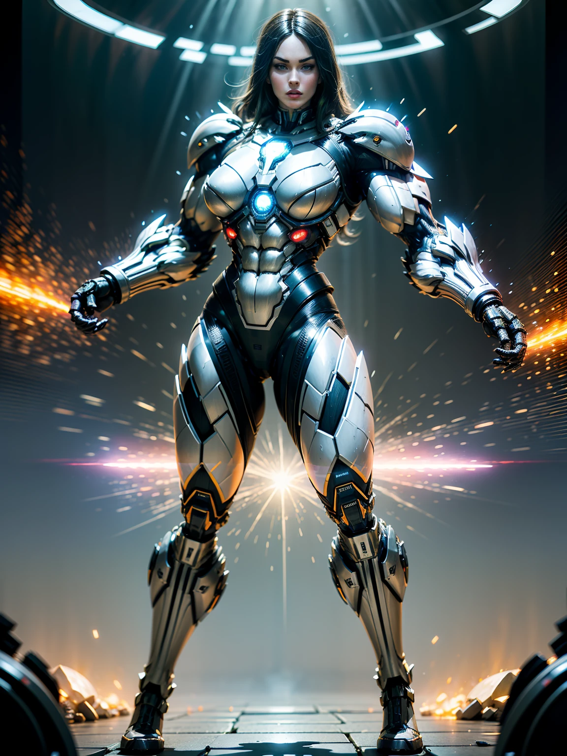 Cinematic, hyper-detailed, and insanely detailed, this artwork captures the essence of megan fox with breathtaking beauty. The color grading is beautifully done, enhancing the overall cinematic feel. Unreal Engine brings her anatomic cybernetic muscle suit to life, appearing even more mesmerizing. With the use of depth of field (DOF), every detail is focused and accentuated, drawing attention to her eyes and the intricate design of the anatomic cybernetic muscle suit . The image resolution is at its peak, utilizing super-resolution technology to ensure every pixel is perfect. Cinematic lighting enhances her aura, while anti-aliasing techniques like FXAA and TXAA keep the edges smooth and clean. Adding realism to the anatomic cybernetic muscle suit, RTX technology enables ray tracing. Additionally, SSAO (Screen Space Ambient Occlusion) gives depth and realism to the scene, the girl's anatomic cybernetic muscle suit become even more convincing. In the post-processing and post-production stages, tone mapping enhances the colors, creating a captivating visual experience. The integration of CGI (Computer-Generated Imagery) and VFX (Visual Effect brings out the anatomic cybernetic muscle suit's intricate features in a seamless manner. SFX (Sound Effects) complement the visual artistry, immersing the viewer further into this fantastic world. The level of detail is awe-inspiring, with intricate elements meticulously crafted, the artwork hyper maximalist and hyper-realistic. Volumetric effects add depth and dimension, and the photorealism is unparalleled. The image is rendered in 8K resolution, ensuring super-detailed visuals. The volumetric lightning adds a touch of magic, highlighting her beauty and the aura of her anatomic cybernetic muscle suit in an otherworldly way. High Dynamic Range (HDR) technology makes the colors pop, adding richness to the overall composition. Ultimately, this artwork presents an unreal portrayal of a super muscled cybernetic female android