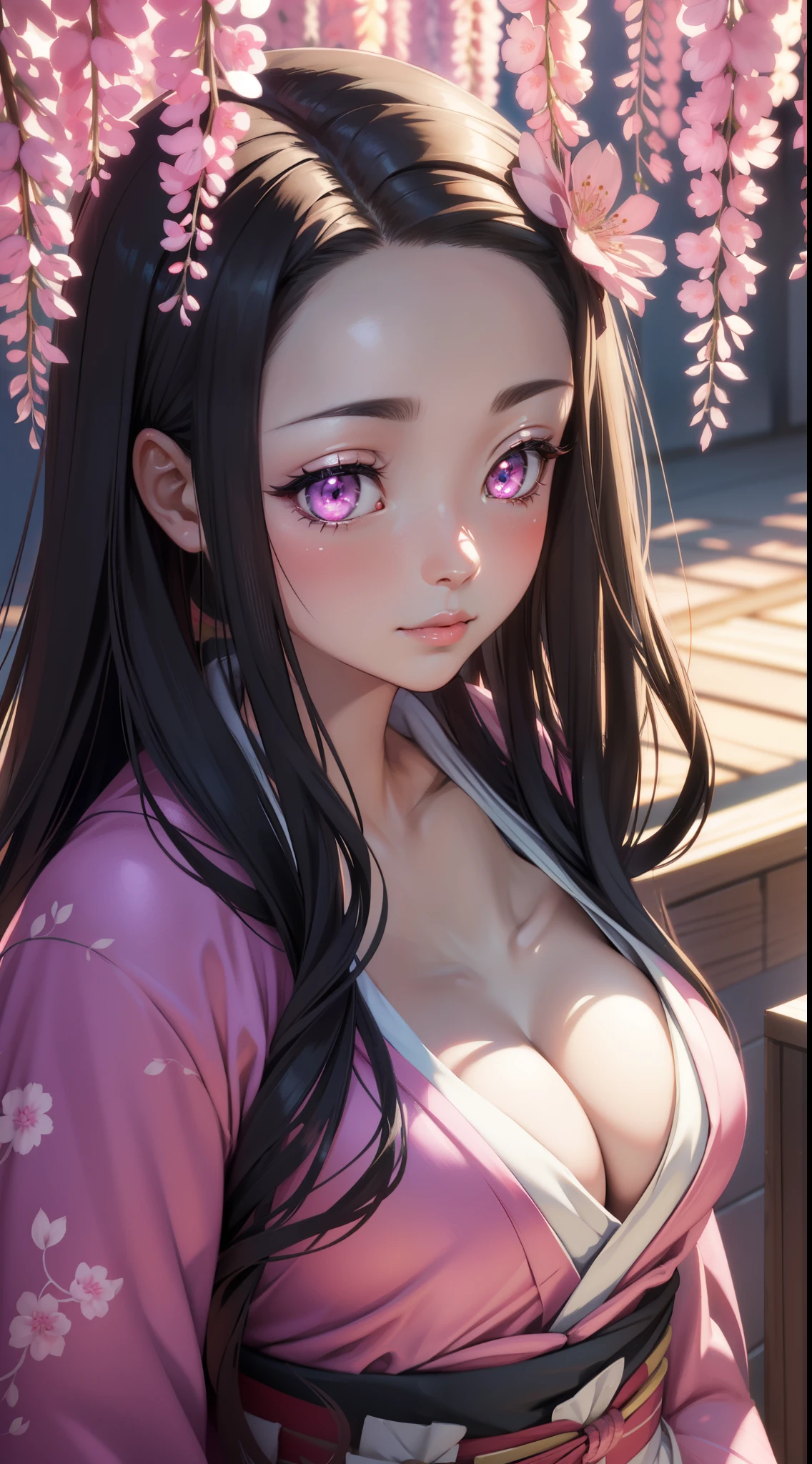 Masterpiece, (Pink kimono), Seductive face, Large breasts with cleavage，Good lighting, décolleté, small detailed, Masterpiece, Glowing eyes, 1girll, Black hair, on the face, Nezuko Kamado, Wisteria background, Best quality, angle of view,