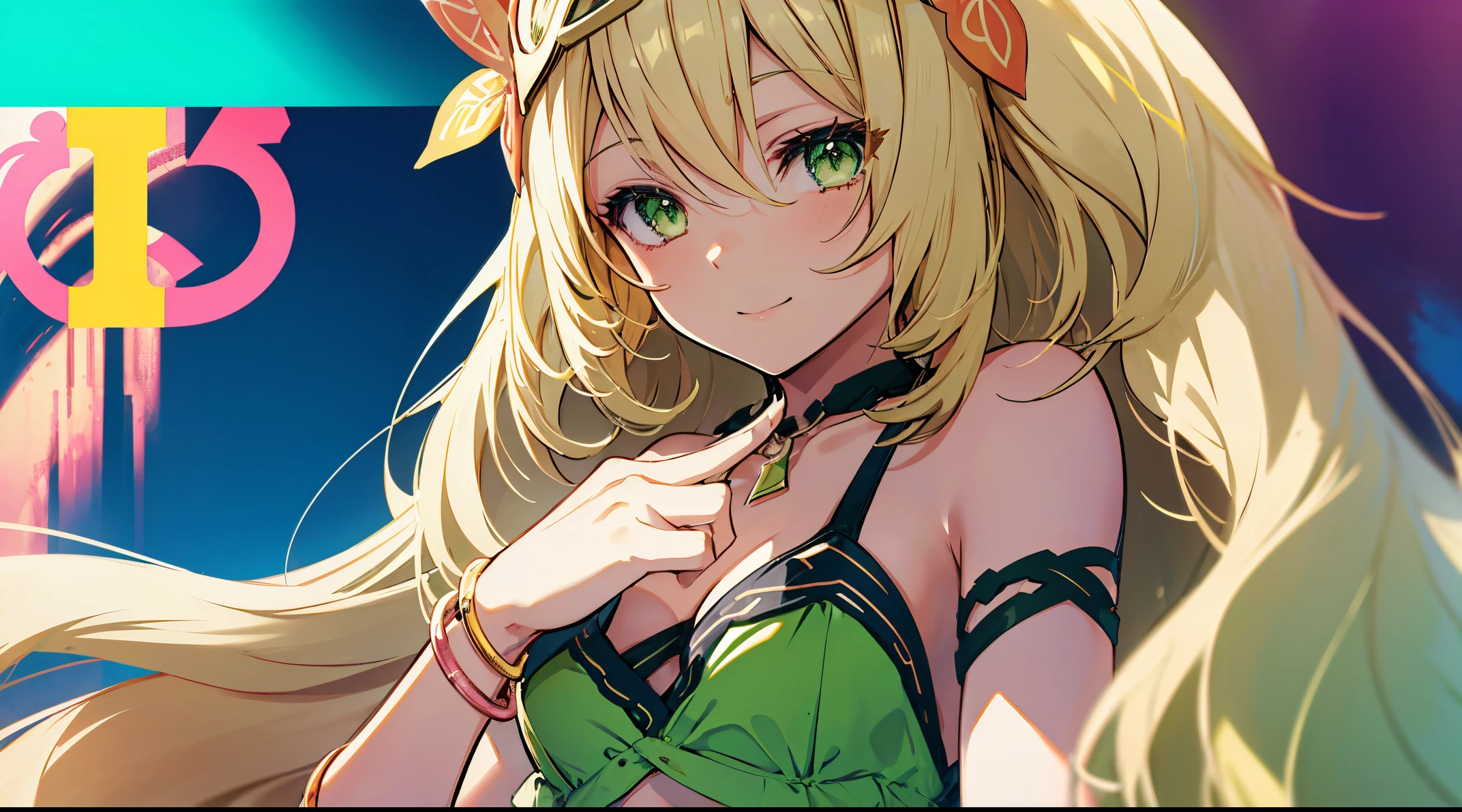 a cartoonish female dressed as an anime character holding hands to her mouth, 1girl, blonde hair, solo, long hair, green eyes, hair ornament, smile, sunglasses, navel, eyewear on head, nail polish, swimsuit, bikini, bare shoulders, v, bracelet, green bikini, jewelry, upper body