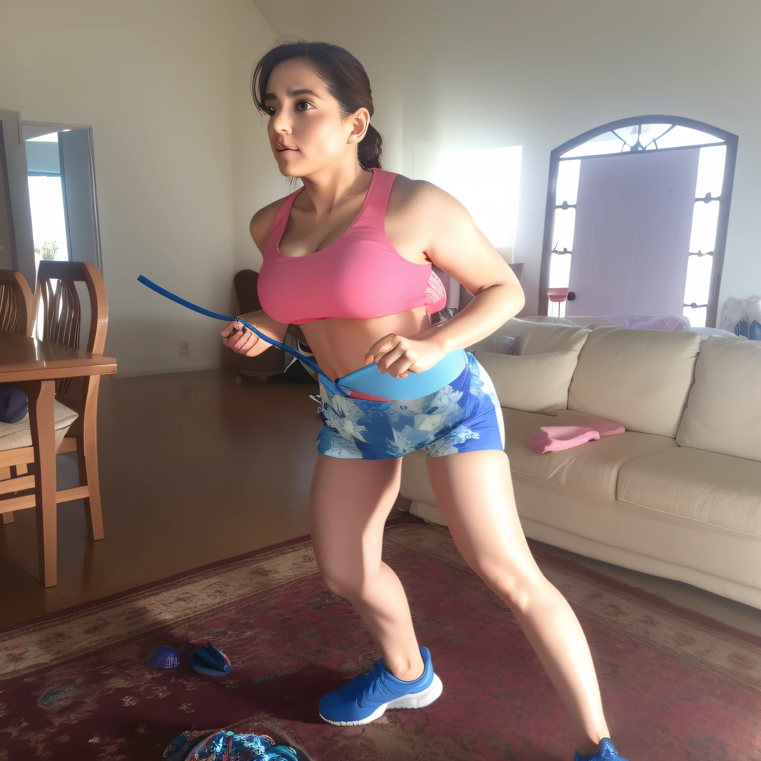mulher de blusa rosa e short azul jogando wii, malhar, side view of her taking steps, lunging at camera :4, 3 ela tem cerca de 44 anos, 4 5 I, ela tem cerca de 44 anos, ela tem cerca de 44 anos, foto fit, sport bra and shorts