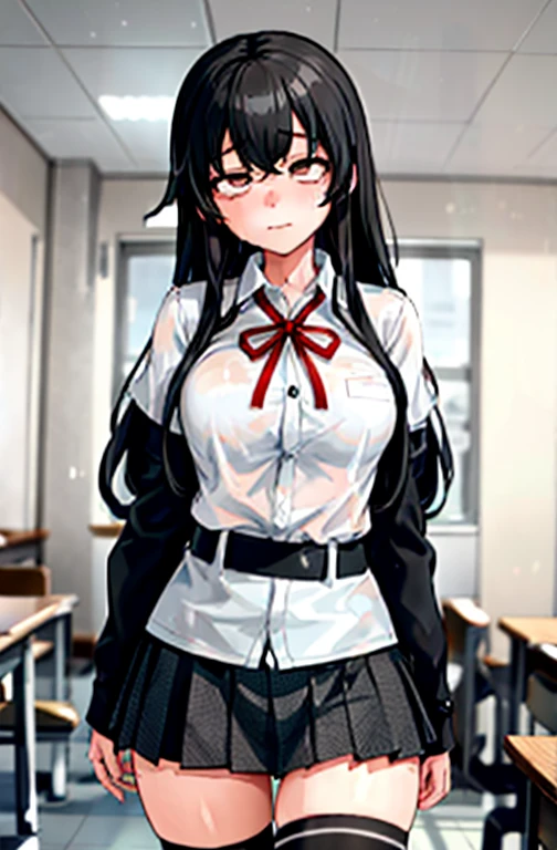 (full figure:1.1), 1 girl as yukino yukinoshita, absurdres, highres, solo, school uniform, big breasts, waist long black hair, (twintails:0.5), miniskirt, (black thighhigh socks:1.1), loose red ribbon, unbuttoned white shirt, (ahegao:1.1), (rolling eyes:1.1), (female masturbation:1.2)
