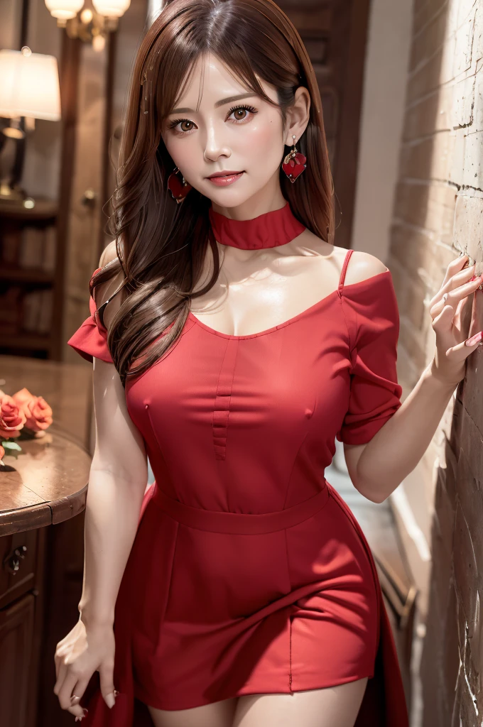 8K, Raw photo, Fuji Film, Style photo of beautiful 45 year old woman, Square face, Red roses on the neck, Wearing red and black lace dress, Golden earrings, Powerful features like a spinning pigeon, (highly detailedskin: 1.2), Medium brown hair with lights, Film grain, 35 mm, cute-style