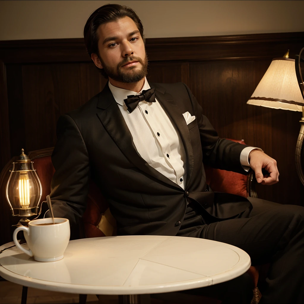 vintage room, vintage lamp, a good-looking male model wearing tuxedo with a small beard while holding a mug, sitting on a boss seat.