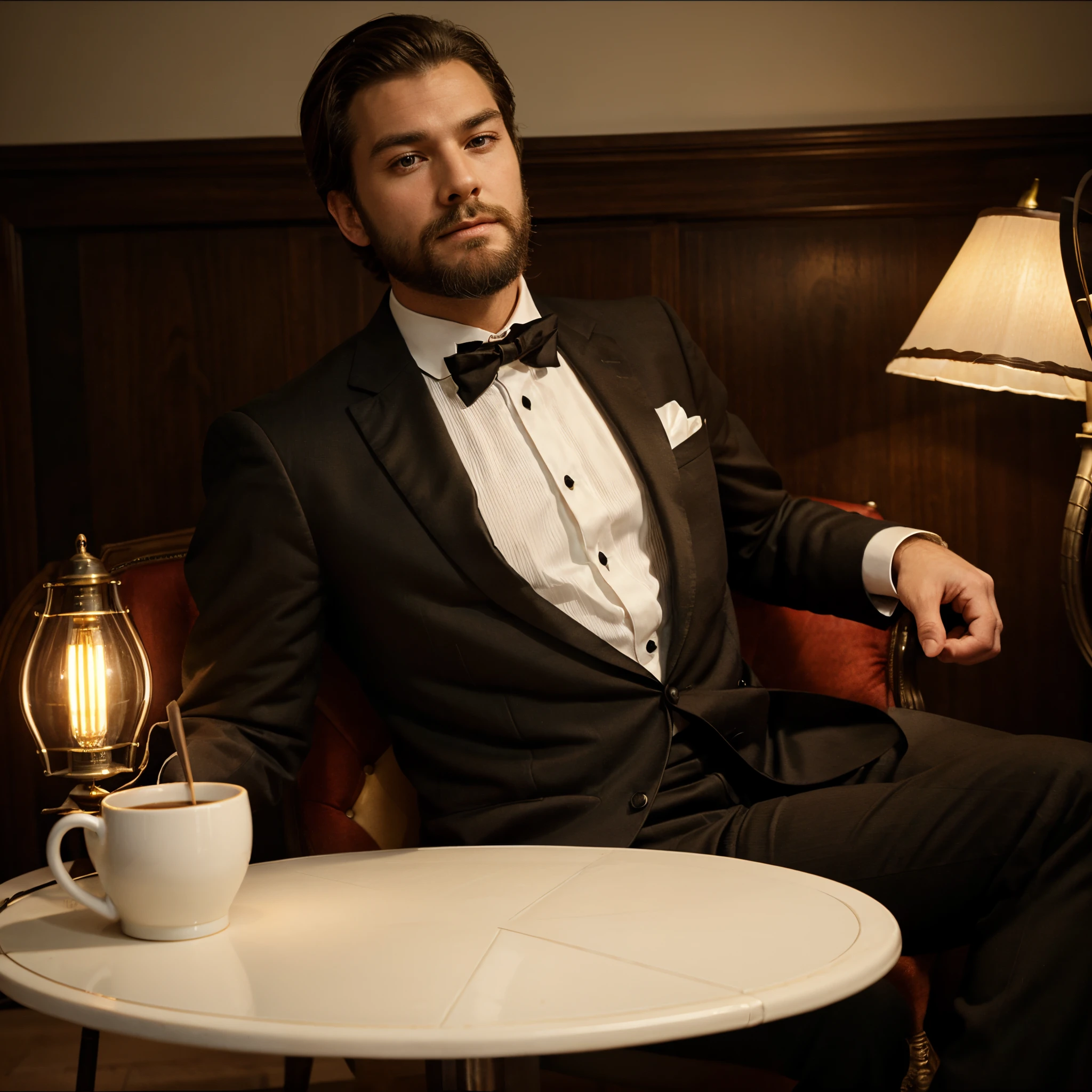 vintage room, vintage lamp, a good-looking male model wearing tuxedo with a small beard while holding a mug, sitting on a boss seat.
