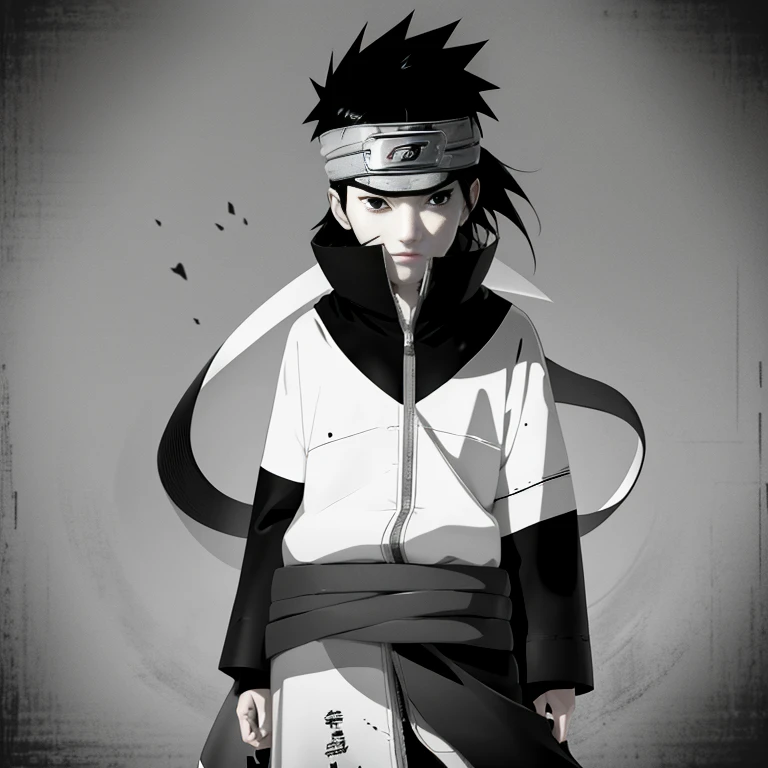 Make the image of Sasuke Uchiha how is it in the manga, image, in black and white and black jacket