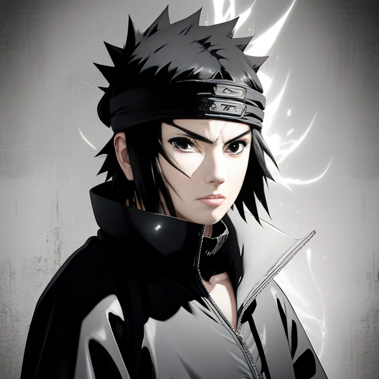 Make the image of Sasuke Uchiha how is it in the manga, image, in black and white and black jacket