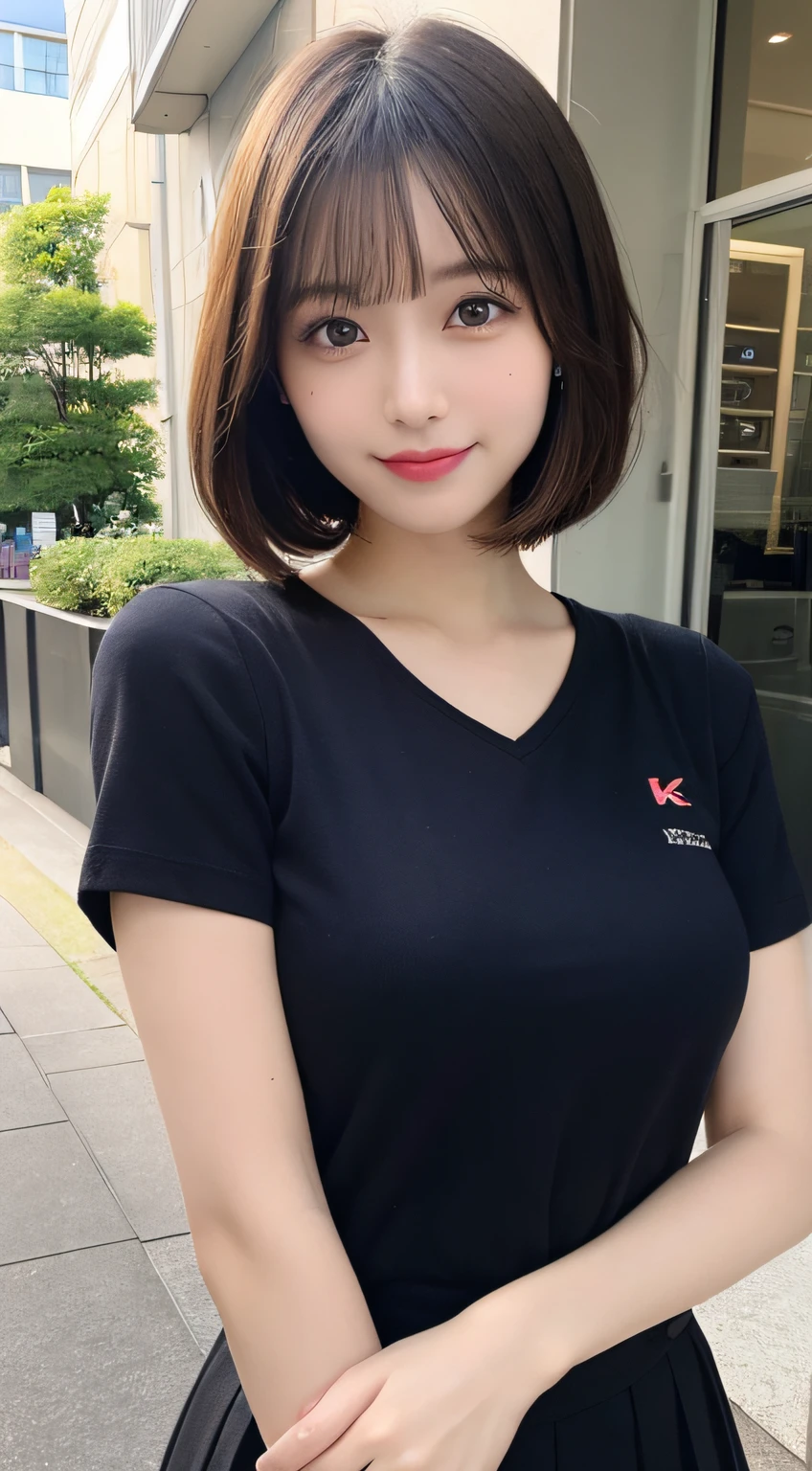 ((Best quality at best, 8K, tmasterpiece :1.3))On the table, Best quality at best, illustratio, ultra - detailed, finely detailled, A high resolution, 8k wallpaper, Perfect dynamic composition, 美丽细致的眼睛, women's summer clothing,Bob has short hair,Small breasts with natural lips, Bold sexy pose,ssmile,office lady uniform, office attire, Purple T-shirt,Harajuku、20岁女孩、cute big breasts、Look at the sexy shots of the camera