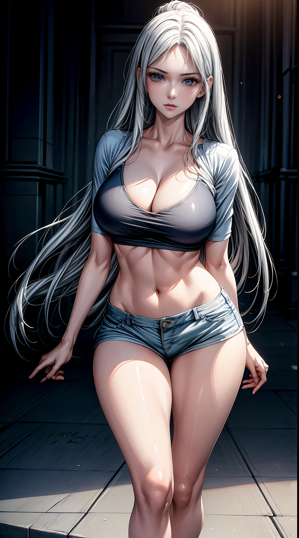 Best quality， tmasterpiece， A high resolution，8K，（realistically：1.4），超A high resolution，1个Giant Breast Girl， ultra - detailed， hyper realisitc， Very detailed CG illustration， offcial art， 电影灯光， actual， Young and beautiful girl， perfect body figure， perfect body figure， full pov， perfect bodies， （Starting below：1.3）， lacivious pose， long sexy legs， Self-confident， Beautiful Sexy， Gray short sleeves， Open the abdomen， Super Shorts， S-shaped body， hip is cocked，placed in a，lewd poses，Different Perspectives