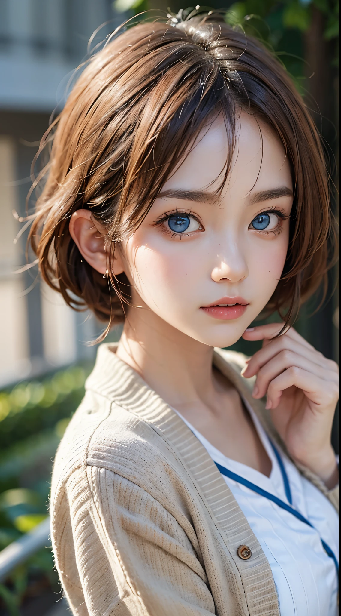 About 20 years old、Japan women、Beautiful woman、blonde straight short hair、Beautiful hair、A detailed face、Detailed eyes、A detailed face、Detailed skin、realskin、((pajamas、Canadian pattern long cardigan))、autumn hospital、Hospital garden、Large ginkgo tree、((Light blue eyes))