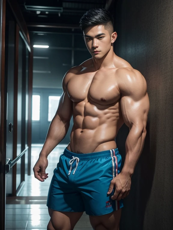 masseter membrane、well built、Asian people、male people、25 age old、cool guy、chest muscle、Brush cut、gay twinks、 scantily clad、cool guy、Muscular、largeeyes、Introduction to Hyde&#39;s entry and exit.、NS rich sizes、Authentic texture、Full body photo、Ultrathin, Clear swimming trunks、large bulge、Big bag、Obvious big bag、Rugby player、soles of feet、pioneer、stand posture、ssmile、Portrait photos、profesional lighting、8K分辨率、beautifuldetails、ultra - detailed