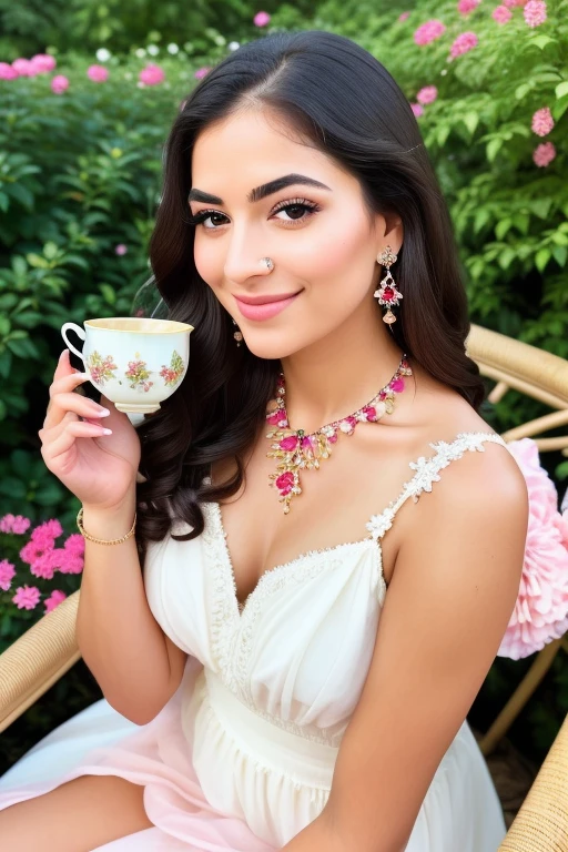 (a girl, dark hair, beautiful eyes), (wearing a red dress, high heels), (sitting in a cozy, garden chair), (enjoying a cup of Turkish tea), (with a delicate porcelain teacup), (surrounded by colorful flowers), (soft sunlight illuminating the scene), (a gentle breeze gently swaying the plants), (creating a peaceful atmosphere), (a smile on her face, radiating confidence), (gorgeous makeup enhancing her features), (long, curly eyelashes), (subtle blush on her cheeks), (perfectly shaped eyebrows), (her neck adorned with a delicate necklace), (the garden filled with the sound of birds chirping), (the scent of blooming flowers in the air), (the girl's voice, sweet and soothing), (her laughter filling the garden), (the sound of her delicate throat, as she sips her tea), (a hint of mischief in her eyes), (captivating anyone who gazes upon her), (exuding an aura of elegance and grace), (her presence, a true work of art), (crafted with the highest attention to detail), (evoking a sense of realism and beauty), (the vivid colors of the garden reflecting in her eyes), (enhancing the overall atmosphere), (a masterpiece, worthy of admiration and awe), (creating a sense of wonder and fascination), (an image that captures the essence of beauty and femininity), (a celebration of the human form), (a visual pleasure for the senses).