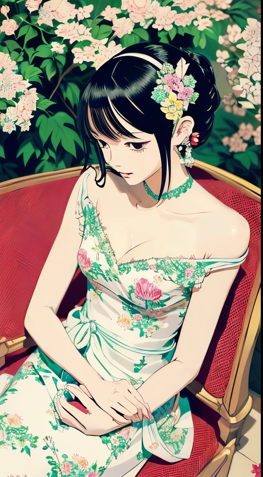 （white cat on lap）(masutepiece, of the highest quality, Best Quality, offcial art, Beautiful Indulgence: 1.2), (Japanese dress), Put your arms back, (Upper body only), (1 girl: 1.3), Japan  Woman, Very detailed, Colorful, Best Detail (Highly detailed 2DCG illustrations), (((Very delicate and beautiful)) (Seated), deadpan, Black hair, Kanzashi, earrings