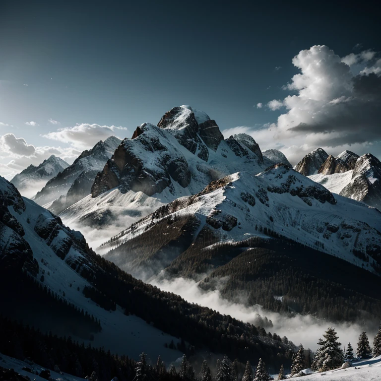 Stunning landscape photograph, montains, dynamic lighting, two tone lighting, high contrast