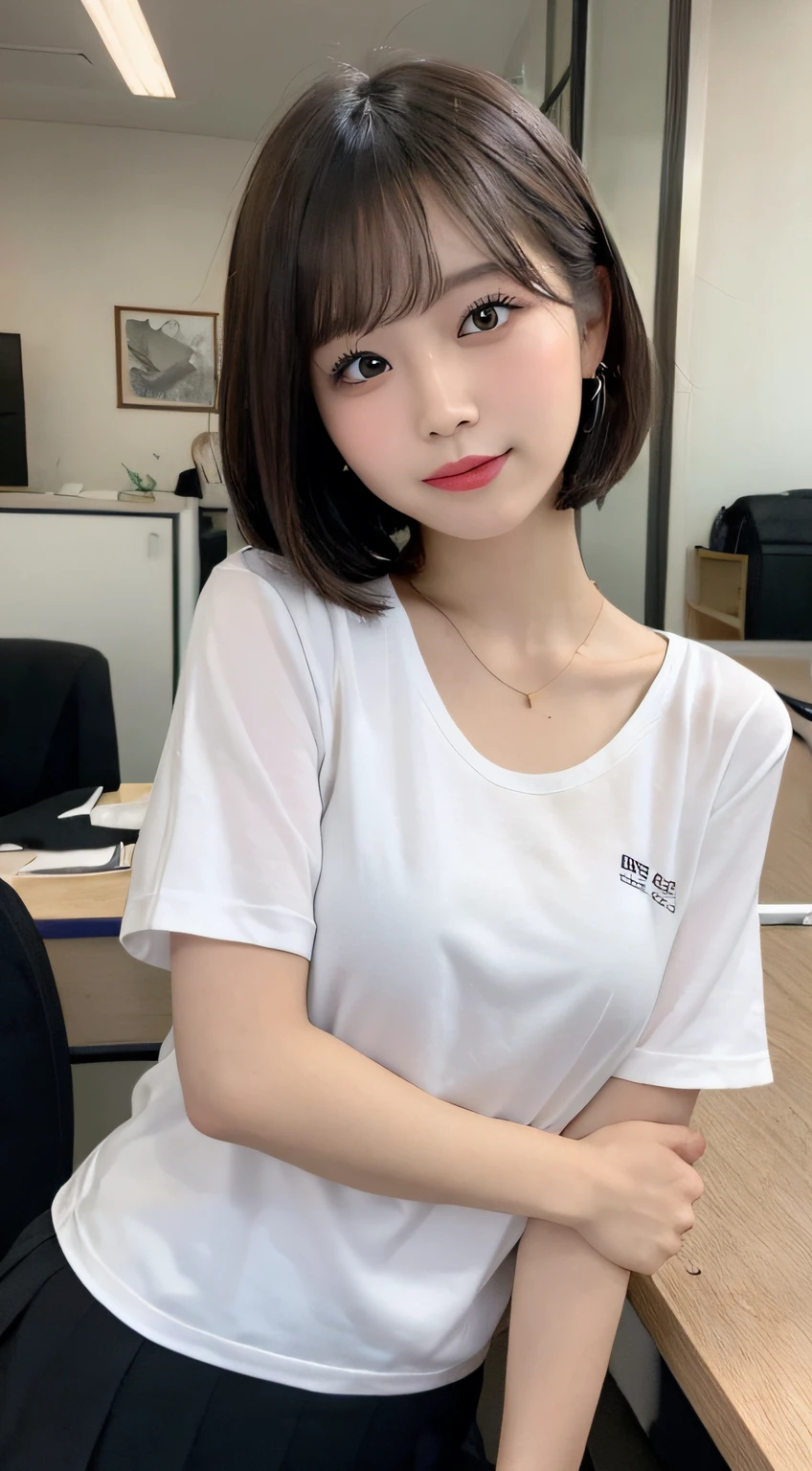 ((Best quality, 8K, tmasterpiece :1.3))On a table, Best quality, illuminations, ultra - detailed, Detailed pubic hair, A high resolution, 8k wallpaper, Perfect dynamic composition, beautidful eyes, femele'summer outfit,Bob's hair is short,small breasts and natural lips, Bold sexy pose,ssmile,Female office staff, office attire, Purple T-shirt,Harajuku、20岁女孩、Sexy shots of Cook's men'shot of
