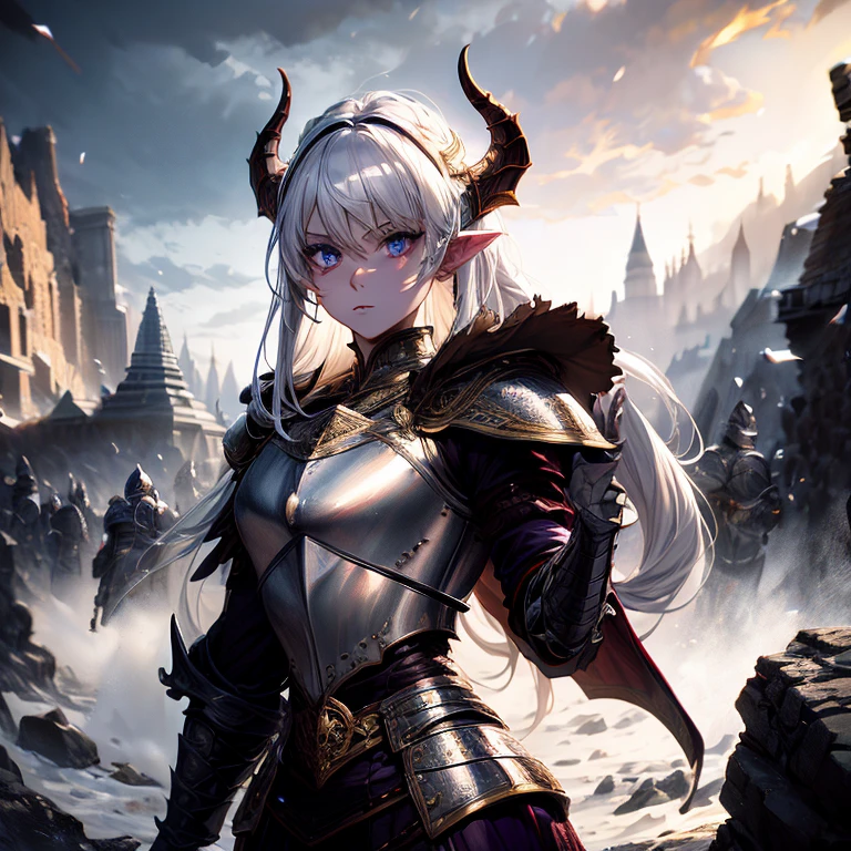 masterpiece, highest quality, (solo focuull bodyview, (perfect face:1.1), (high detail:1.1), (hyper detailed eyes), dramatic, a tiefling woman with pale white skin and long voluminous white hair, 25 years old, purple eyes, solo, long hair, purple horns, toned body, athletic body, metal-plated armor, arrogant expression, holding a sword, dueling with a knight, daylight, forest, fantasy setting, detailed background, cinematic lighting