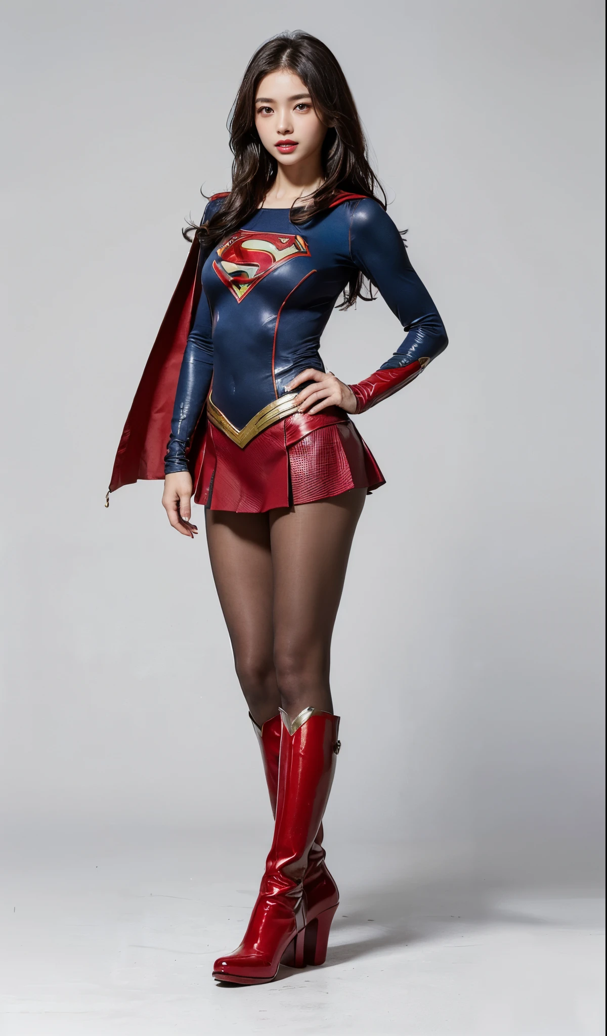 (((Wear black tights on your beautiful legs.)))、(((Grow legs、tall、Legally express the beauty of your smile)))、((((Make the most of the original image)))、(((Supergirl Costume)))、(((beautiful hairl)))、(((Suffering)))、(((Feet must necessarily be worn with black tights)))、(((You need to wear red boots)))、((Top image quality、8K))、((top-quality、8K、masterpiece:1.3))、(((Keep Background )))、Crisp focus:1.2、Beautiful woman with perfect body shape:1.4、Slender Abs:1.2、a wet body:1.5、Highly detailed facial and skin texture、8K