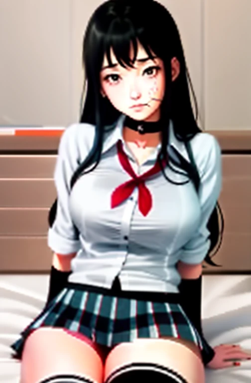 1 girl as yukino yukinoshita, absurdres, highres, solo, school uniform, big breasts, waist long black hair, (twintails:0.5), miniskirt, black thighhigh socks, loose red ribbon, unbuttoned white shirt, (ahegao:1.2), (rolling eyes:1.2)