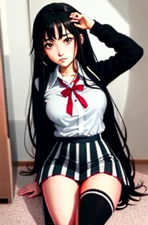 (full figure:1.1), 1 girl as yukino yukinoshita, absurdres, highres, solo, school uniform, big breasts, waist long black hair, (twintails:0.5), miniskirt, (black thighhigh socks:1.1), loose red ribbon, unbuttoned white shirt, (ahegao:1.1), (rolling eyes:1.1), (female masturbation:1.2)