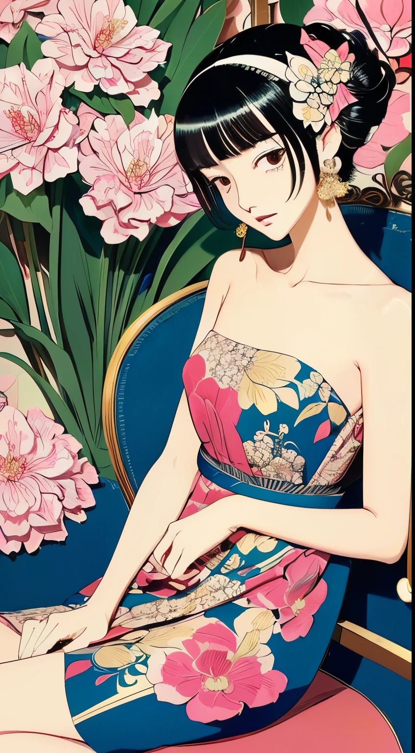 (masutepiece, of the highest quality, Best Quality, offcial art, Beautiful Indulgence: 1.2), (Japanese dress), Put your arms back, (Upper body only), (1 girl: 1.3), Japan  Woman, Very detailed, Colorful, Best Detail ((super detailed)), (Highly detailed 2DCG illustrations), (((Very delicate and beautiful)) (Seated), deadpan, Black hair, Kanzashi, earrings