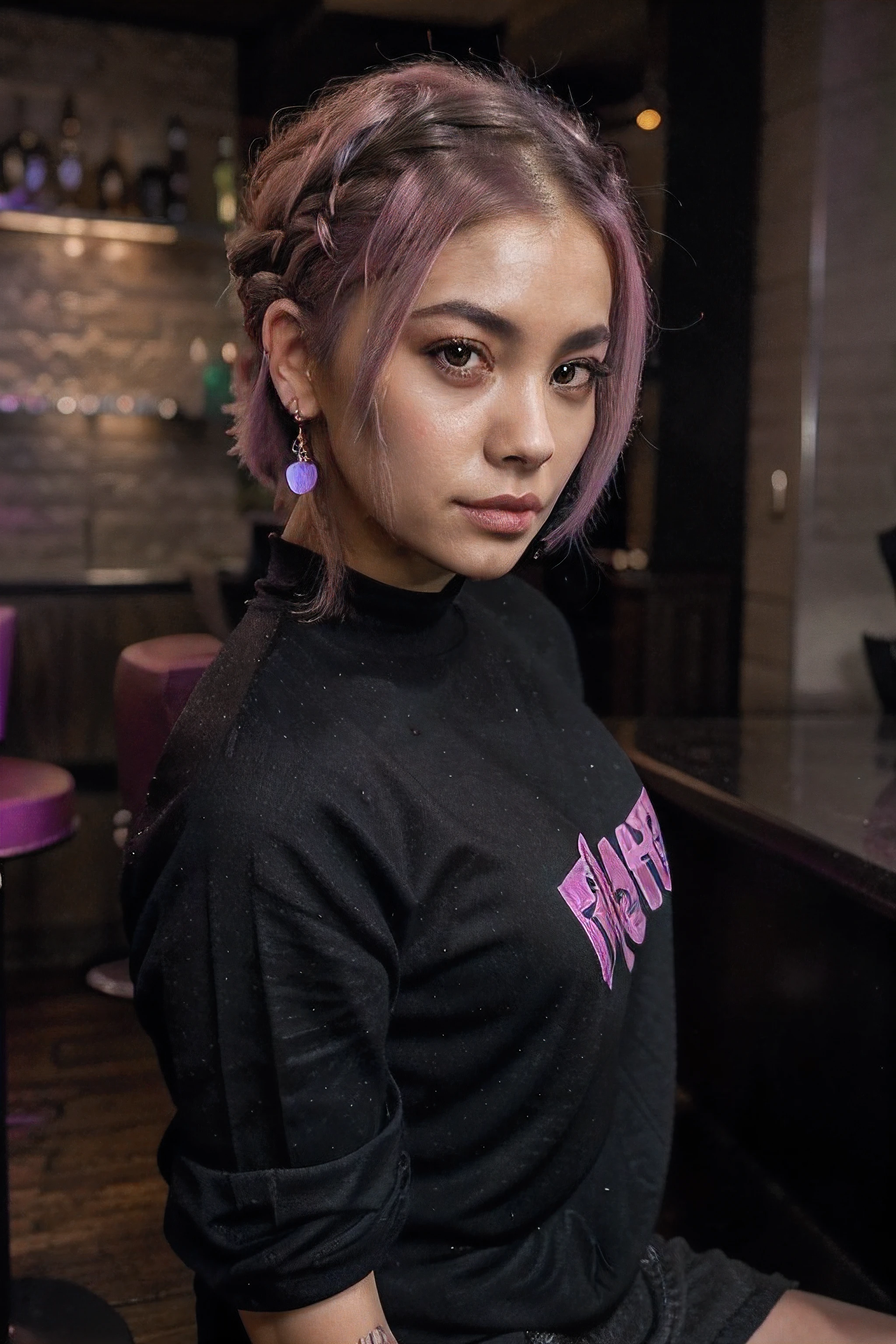 Photo portrait du skidi-6500, belle femme chignon upsweet discothèque assis au bar, 8k, cheveux violets et roses, coupe de cheveux demi-rasée, visage mixte asiatique, yeux bruns, porter des vêtements noirs, arrière-plan flou, Lumière douce, oreilles, beau visage, visage mignon, couleur de cheveux brillante, coloré, ambiance discothèque, Chambre très sombre