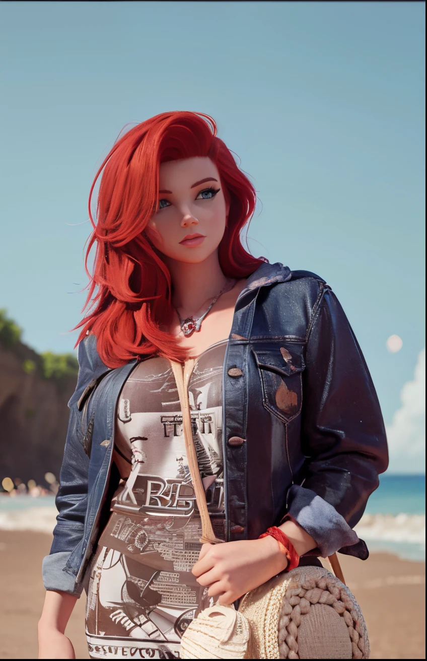 A beautiful woman with red hair is standing near the beach, Disney-style Pixar, 3D Disney art.