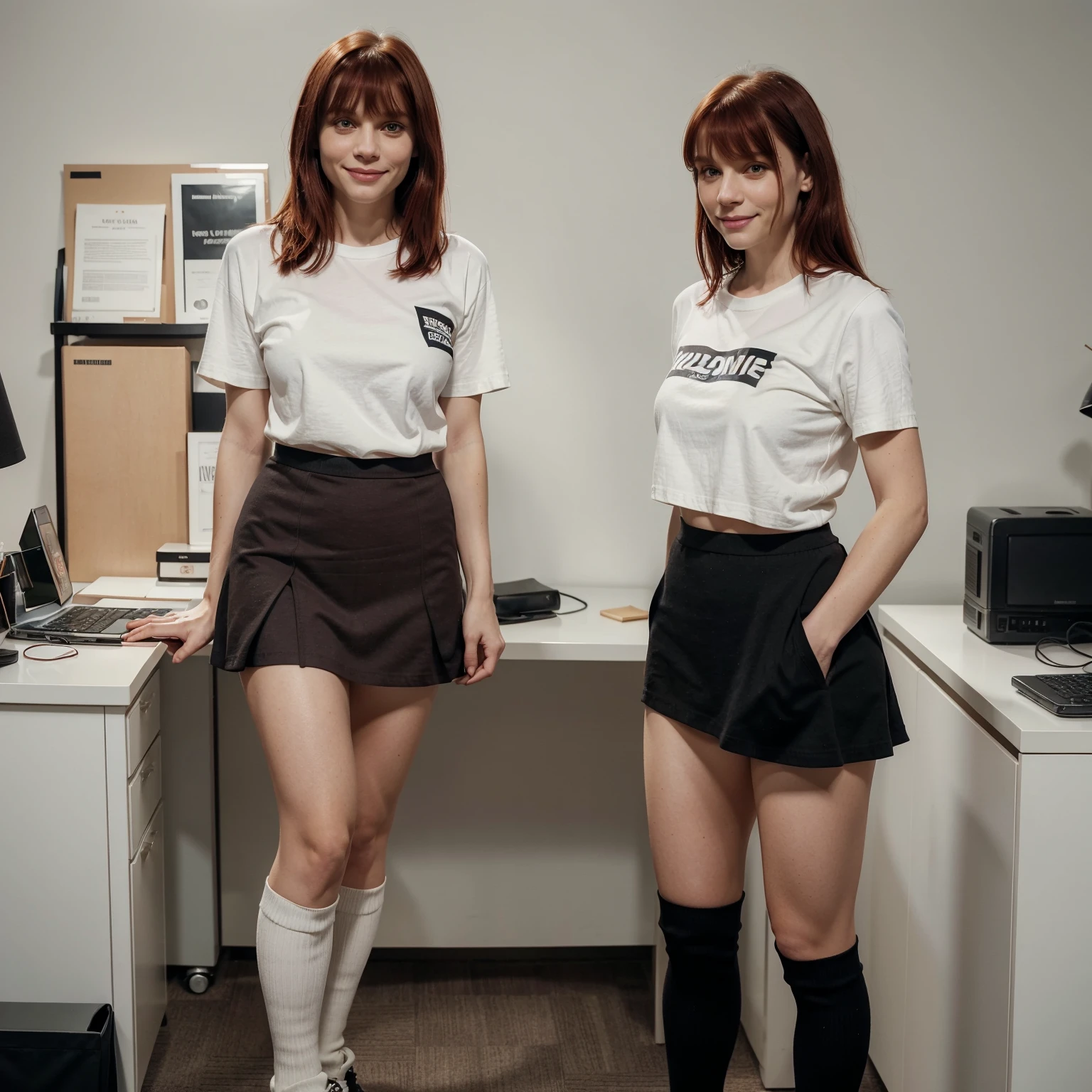 40 yo Claire Danes with dark red hair and bangs.  She is wearing a loose white nirvana day T-shirt, short black skirt, maroon thigh high wool socks, and black shoes.  She has a closed wide smile.  She has full lips. She has a bulbous nose. She is standing in an office. Claire danes. (My so-called life)