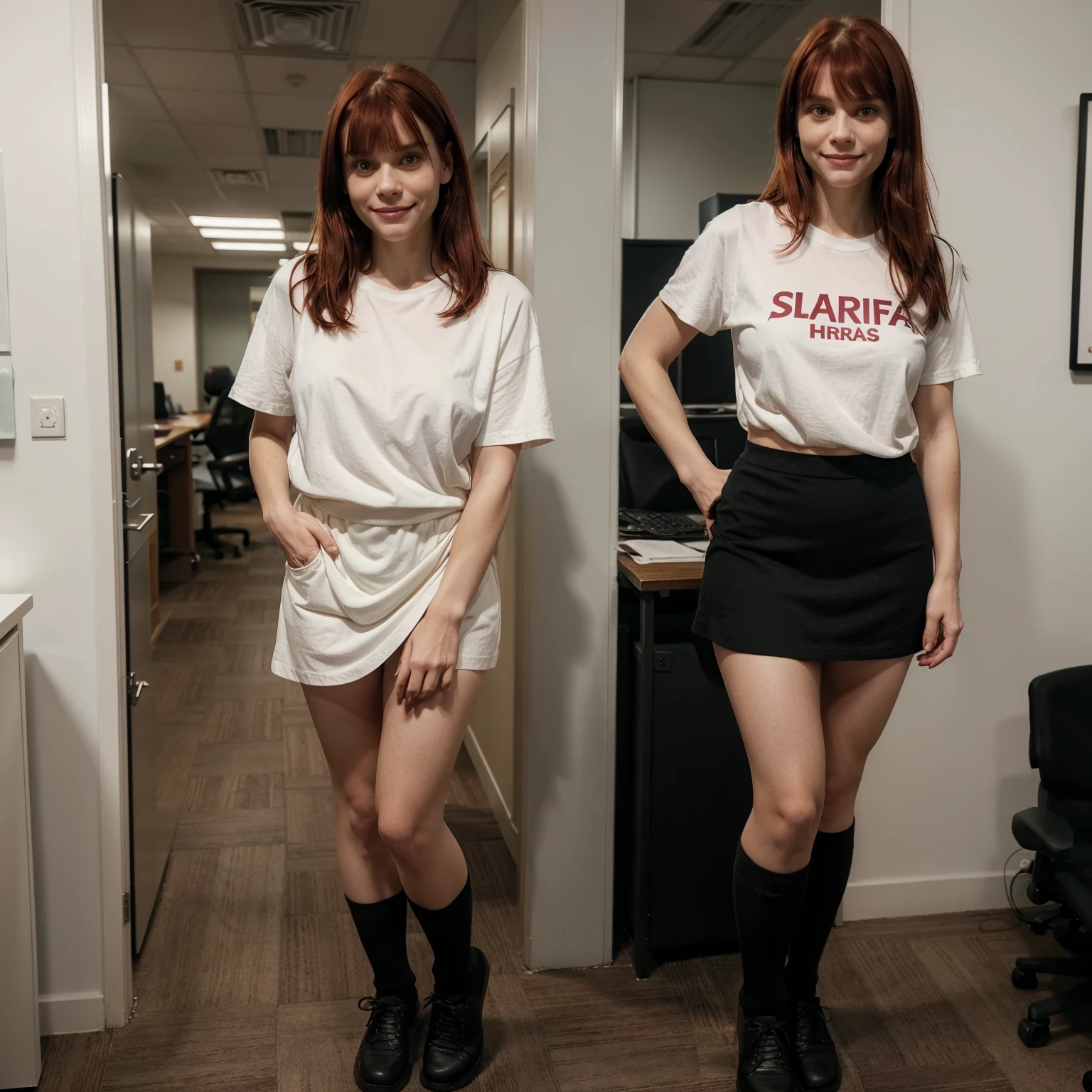 40 yo Claire Danes with dark red hair and bangs. She is wearing a loose white nirvana day T-shirt, short black skirt, long maroon wool socks, and black shoes. She has a closed wide smile. She has full lips. She has a bulbous nose. She is standing in an office. Claire danes. (My so-called life)