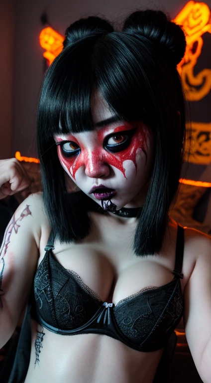 haunted korean girl, demon, black eyes, sexy, scary, horrorcore, rolling eyes, terrifier, bra, huge boobs, 18-year-old, vhs, found footage, uneven eyes:1.2, surprised, ahegao, sick, underwear, top POV, amazing body, ultra detailed, intricate details, ultrarealistic, micro detail, 8 K, hyper detailed, fantasy, cinematic lighting,