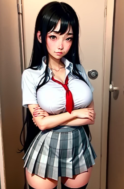 (full figure:1.1), 1 girl as yukino yukinoshita, absurdres, highres, solo, school uniform, big breasts, waist long black hair, (twintails:0.5), miniskirt, (black thighhigh socks:1.1), loose red ribbon, unbuttoned white shirt, (ahegao:1.1), (rolling eyes:1.1), (female masturbation:1.2)