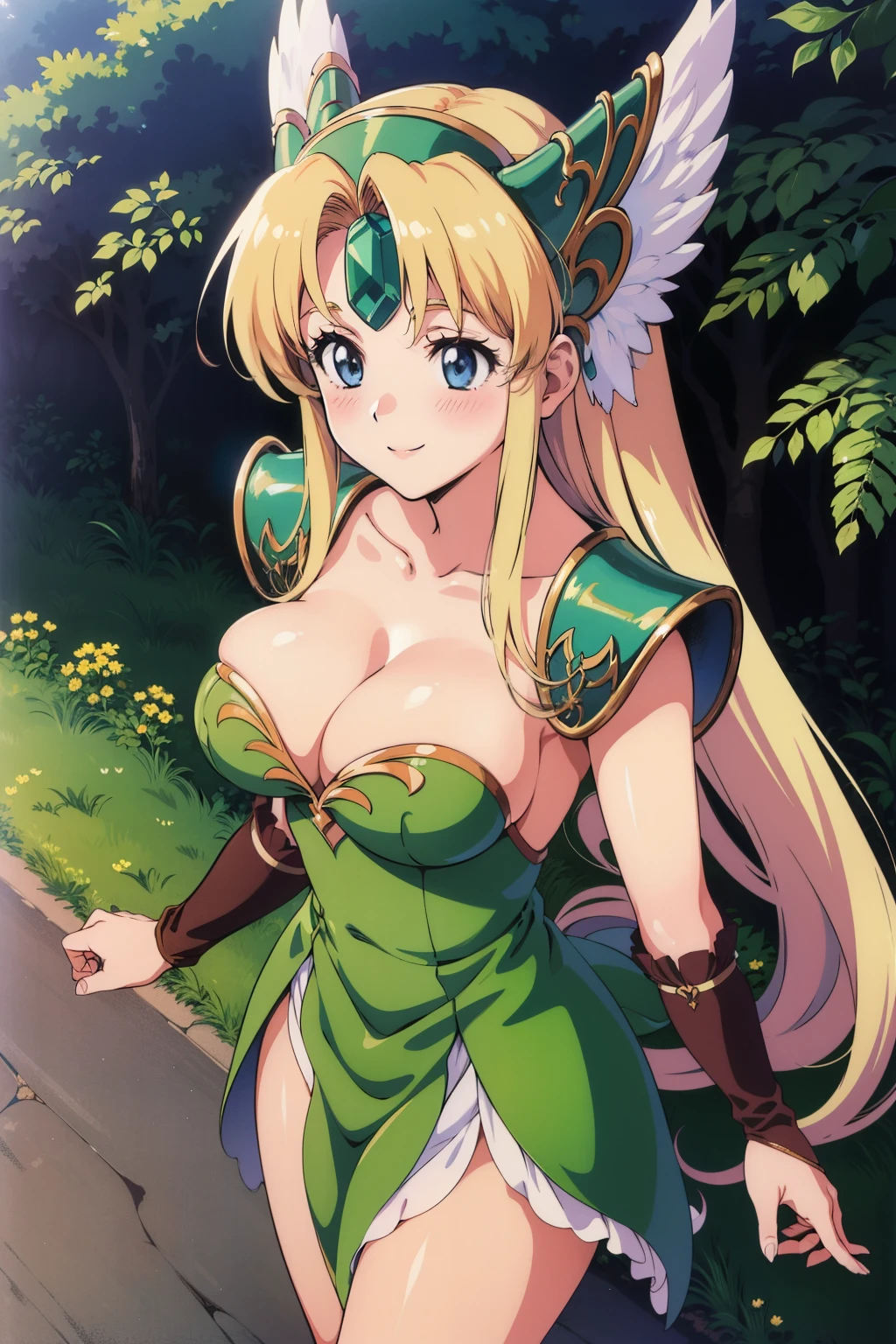 1990s \(style\), 1990s anime cels style, best quality, high resolution, forest, large breasts, cowboy shot, riesz
winged helmet, dress, armor, shoulder armor, bridal gauntlets, cleavage, blush, embarrassed, smile, from above