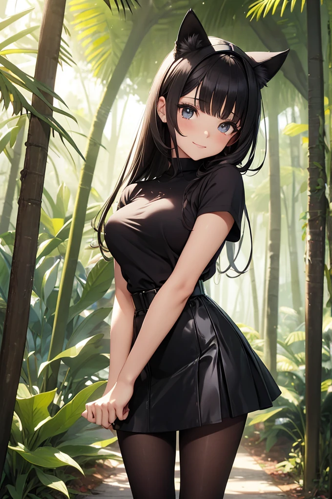 beautiful young woman wearing tight skirt with cat ears on her head, com rosto bem detalhado e bonito, belos olhos, belos olhos, rosto lindo, beautiful young woman wearing black tights, sueter apertado branco, short pantyhose, Standing in a forest, usando salto alto, cabelo curto preto, morena,orelhas de gato, belo sorriso, tomboy, morena, um pouco musculosa
usando sai apertada preta