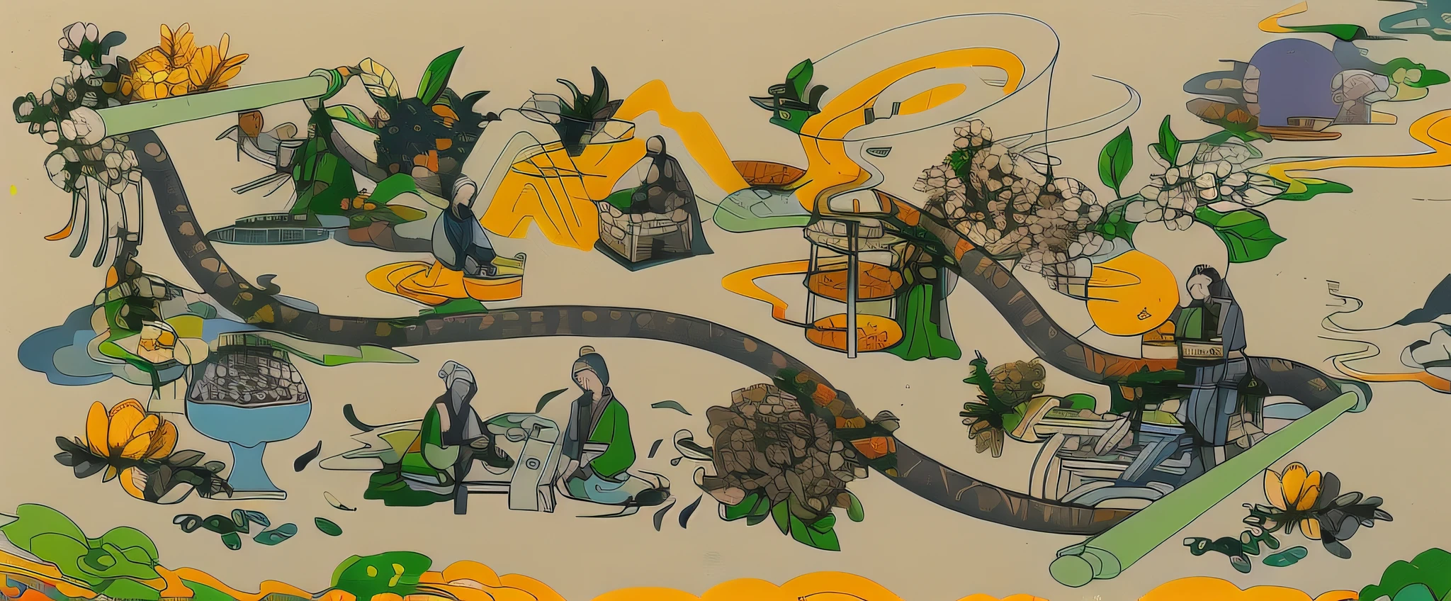 There are mountains, sweet osmanthus, Sydney, Painted osmanthus and chrysanthemum, A character is tea.,someone drinking tea。