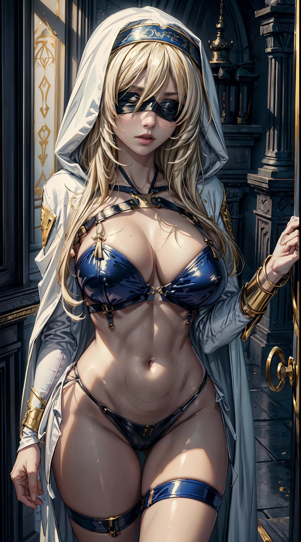 (masterpiece, top quality, best quality, official art, beautiful and aesthetic:1.2),full body, 1girl, priestess, long light blonde hair, messy hair, (wearing black blindfold:1.3), large breasts, cleavage, (white revealing robe, gold trim), (white hood:1.2), extreme detailed, colorful, perfect face, upper body, HDR, (light streaks), striking visuals, vibrant colors, temple background
