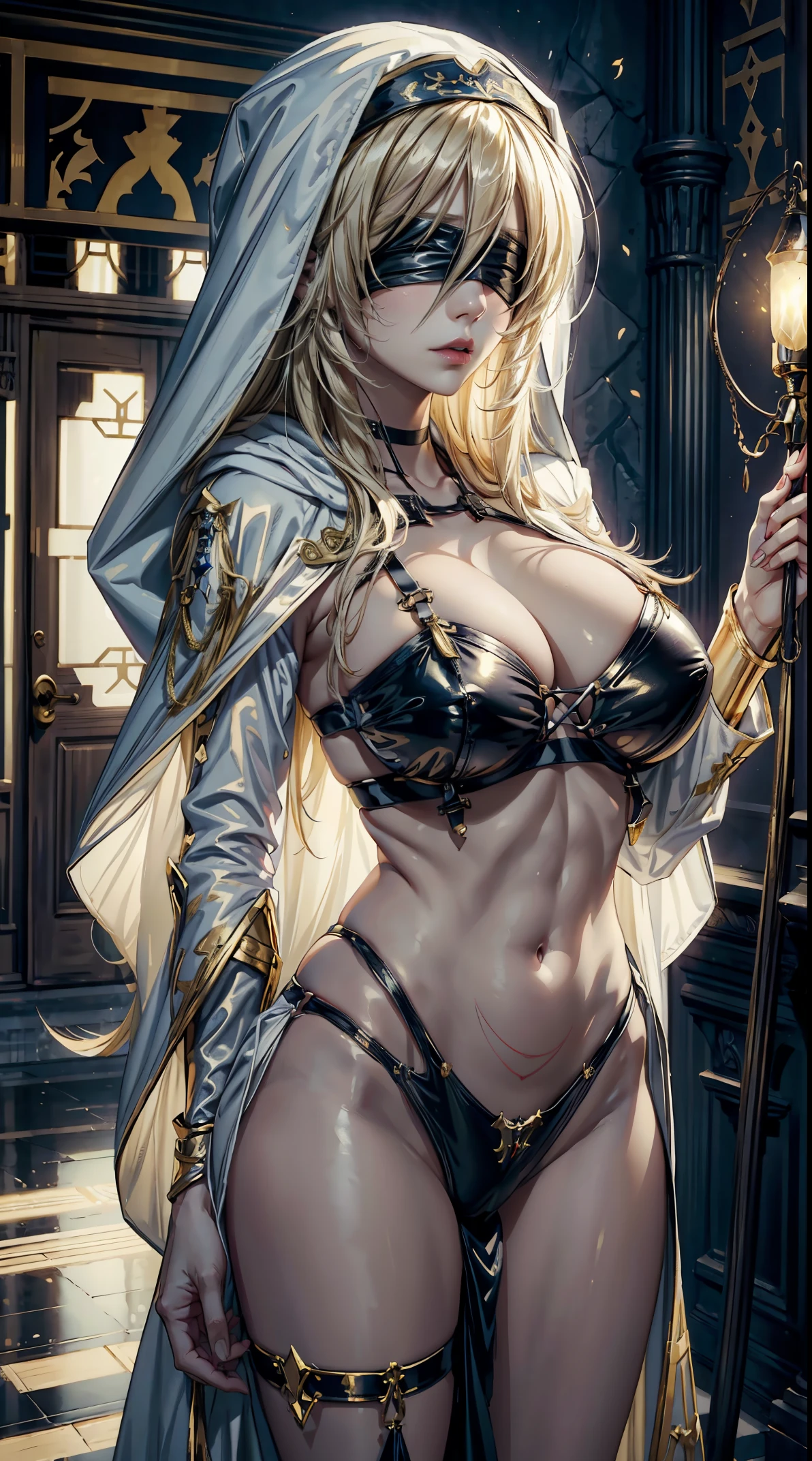 (masterpiece, top quality, best quality, official art, beautiful and aesthetic:1.2),full body, 1girl, priestess, long light blonde hair, messy hair, (wearing black blindfold:1.3), large breasts, cleavage, (white revealing robe, gold trim), (white hood:1.2), extreme detailed, colorful, perfect face, upper body, HDR, (light streaks), striking visuals, vibrant colors, temple background