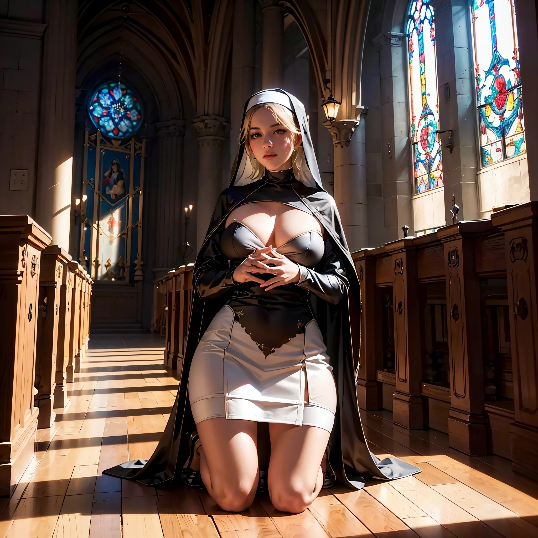 Generate an image of a sexy nun, she is kneeling praying inside a church with christmas decoration, christmas tree, wooden church chair. An image of full body photoshoot, show cleaveage, beautifull face, perfect hand, perfect fingers, masterpiece, best quality:1.2),(8k,highres,RAW photo,realistic,photo-realistic:1.3),(detailed skin texture,detailed cloth texture,beautiful detailed face:1.25),professional lighting,photon mapping,beautiful soft light,radiosity,physically-based rendering,raytracing, model shoot style, model shoot style, (extremely detailed CG unity 8k wallpaper), full shot body photo of the most beautiful artwork in the world, (((NSFW)))
