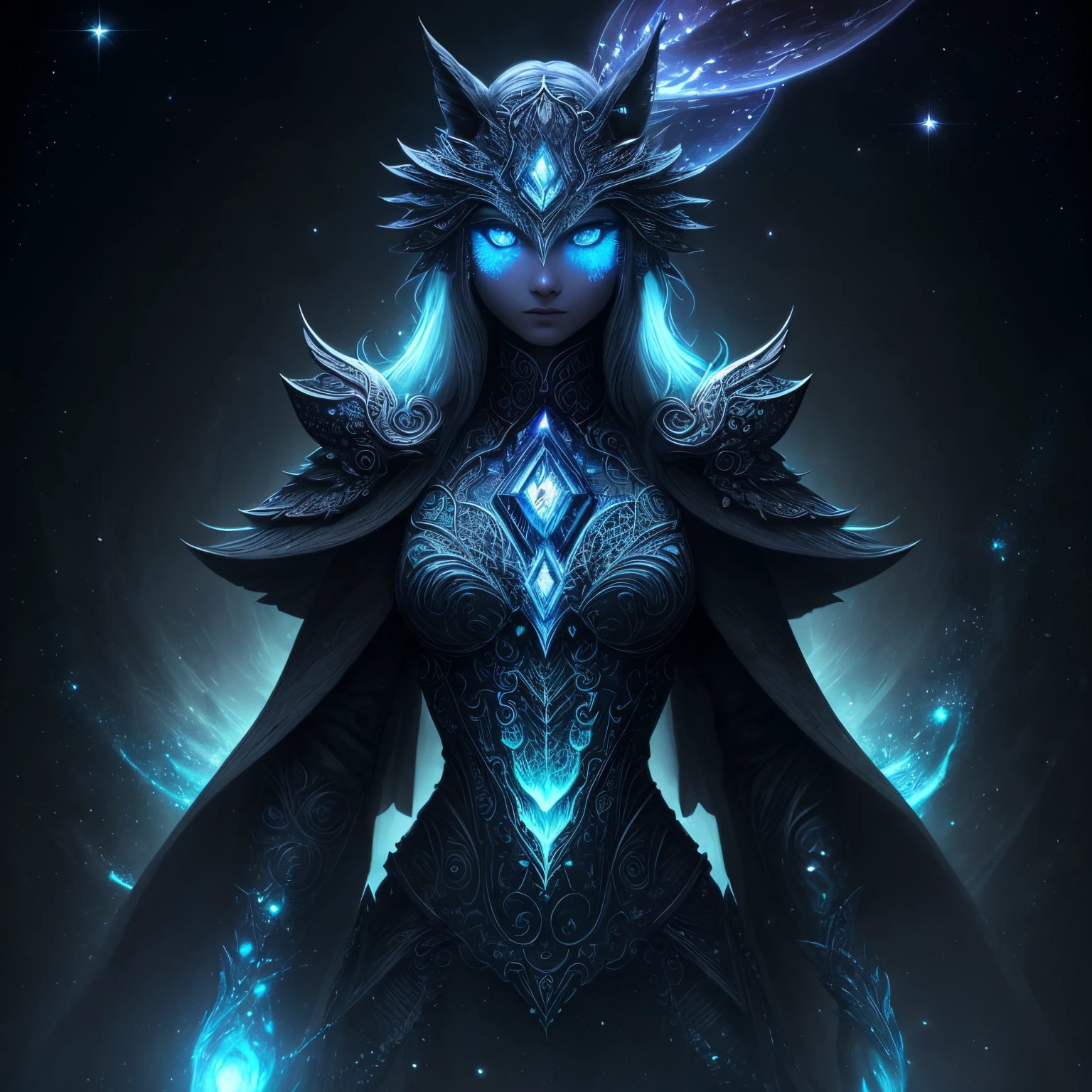 Masterpice, Generate a beautiful magical female creature. The creature should be majestic and stunning with hires eyes and lots of intricate fantasy details. Include 8k eyes, highly detailed eyes, extremely detailed eyes, macro eyes, bright clear eyes, and sharp eyes. The image should be a masterpiece and contain fantasy vibes and phantasmal iridescence. Include crystals, bumps, and stones. Consider mythical and celestial influences.