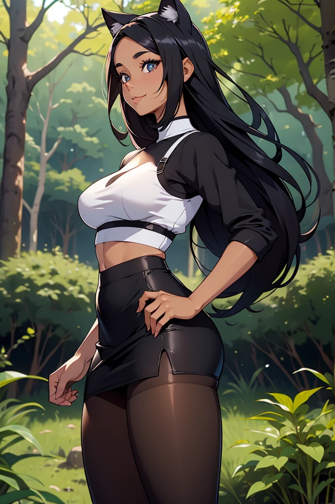 beautiful young woman wearing tight skirt with cat ears on her head, com rosto bem detalhado e bonito, belos olhos, belos olhos, rosto lindo, beautiful young woman wearing black tights, sueter apertado branco, short pantyhose, Standing in a forest, usando salto alto, cabelo curto preto, morena,orelhas de gato, belo sorriso, tomboy, morena, um pouco musculosa usando sai apertada preta