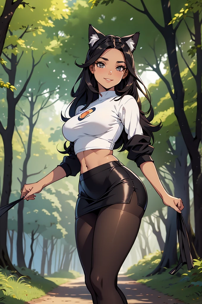 uniforme escolar, uniforme escolar japones foto de corpo inteiro, todo o corpo , cat ears on the head of a beautiful young woman wearing a short skirt, usando meias preta longas apertado ,corpo inteiro na foto,floresta a noite varias luzes,belas coxas, coxas lindas belhos olhos escuros detalhados, sueter branco apertado,maio apertado , tight pantyhose, mini saia , ceu limpo a noite com estrelas numa floresta a noite,short curto linda jovem, olhos sedutores feminino.CABELO CURTO PRETO((CABELOS CURTO PRETO))salto alto, em pe